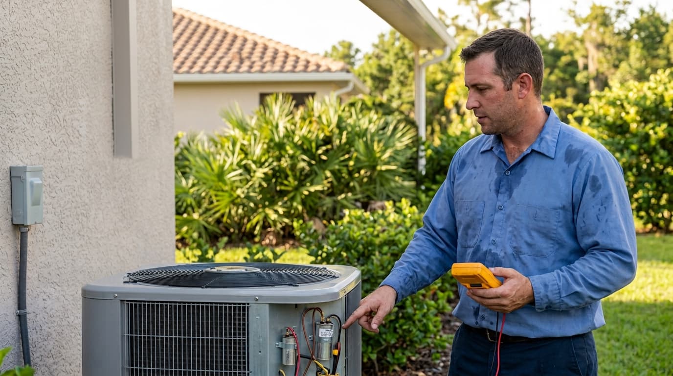 Technician testing an outdoor air conditioner with the service panel open