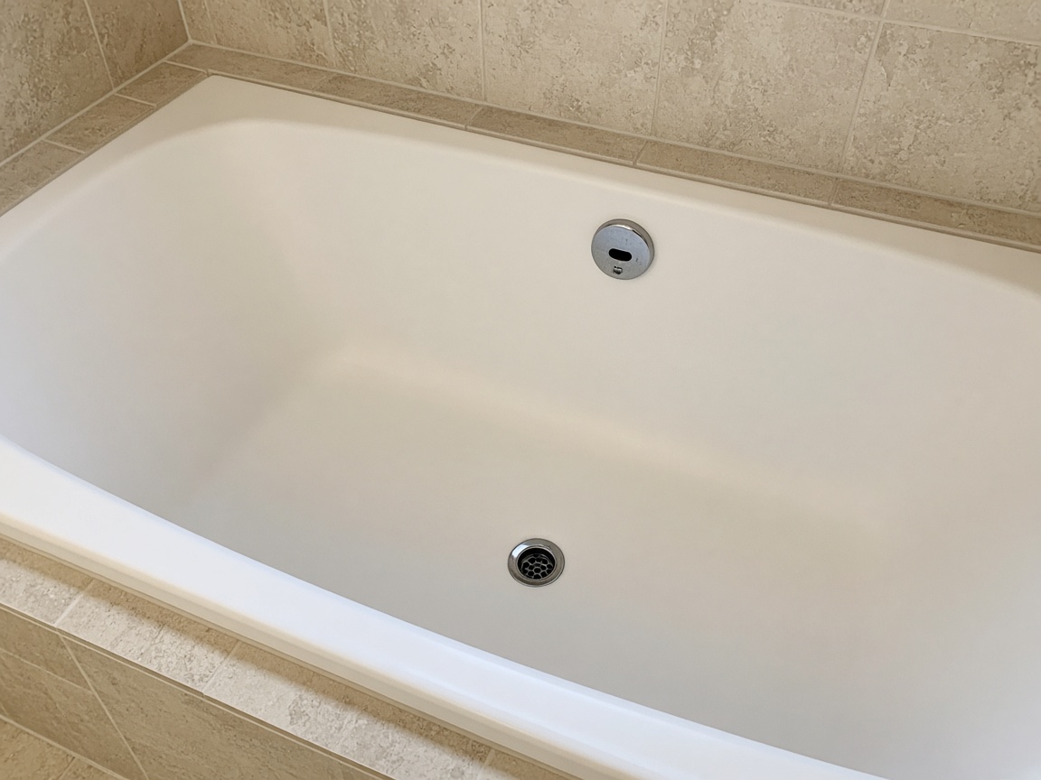 An empty bathtub drain in a bathroom