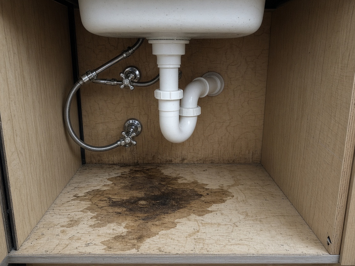 Water stain on the floor of an under-sink cabinet