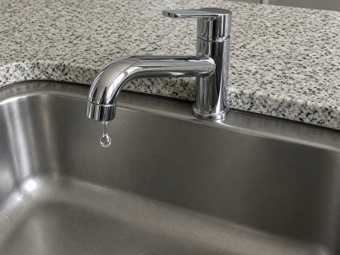 A drop of water hanging from a kitchen faucet spout