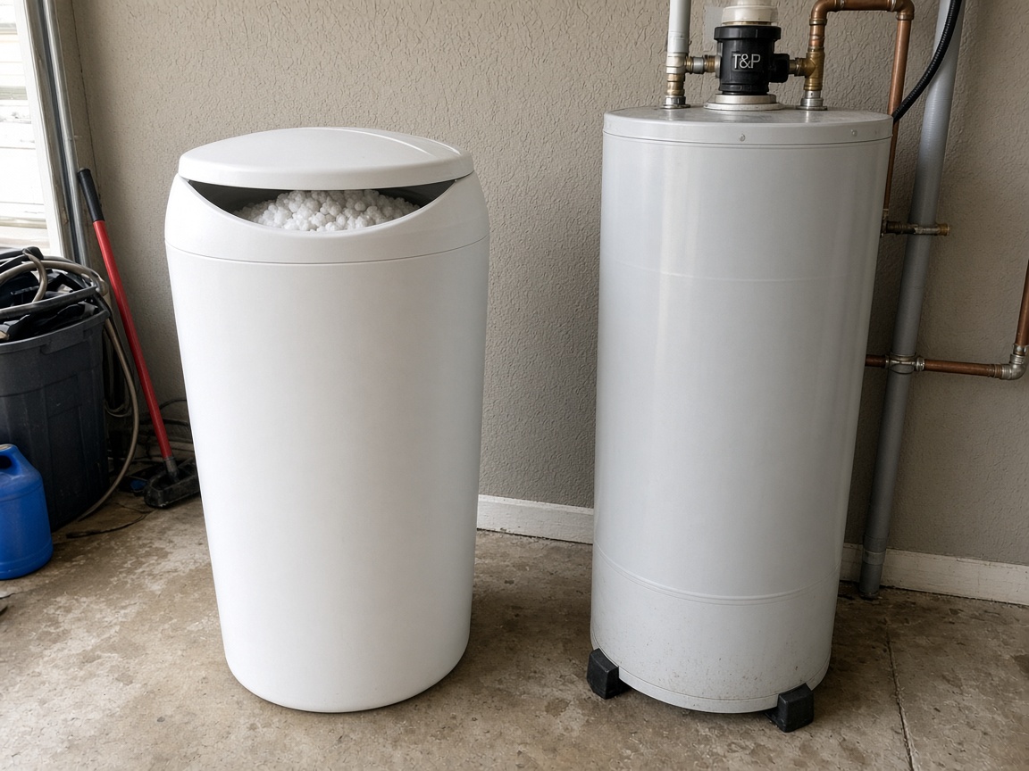A salt brine tank beside a water heater in a garage