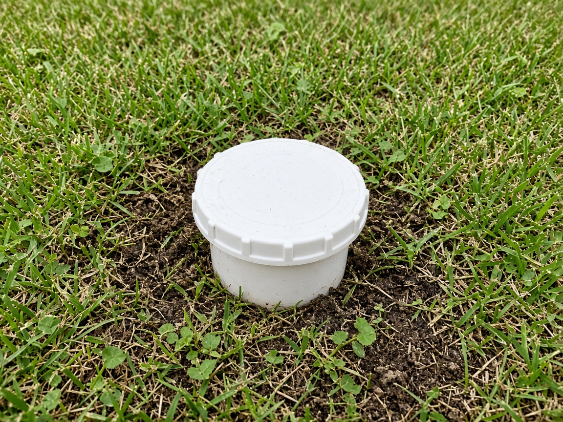 A white cleanout cap in a Florida lawn