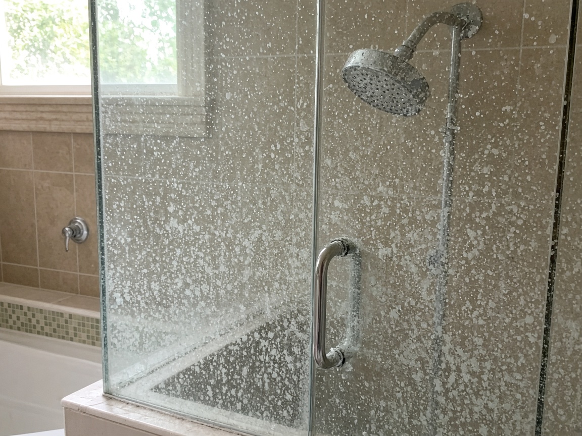 Mineral spots on a glass shower door and scale on a shower head