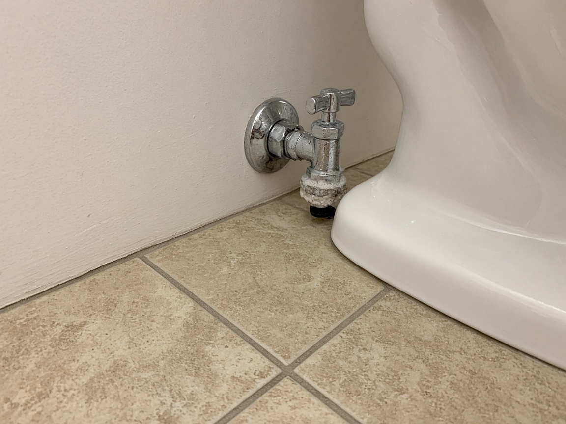 Angle stop on the wall behind a toilet