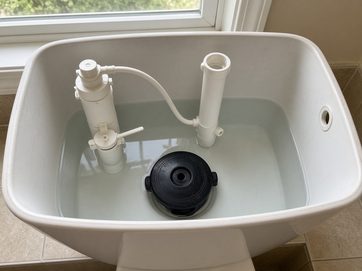 Open toilet tank with the flapper and fill valve visible