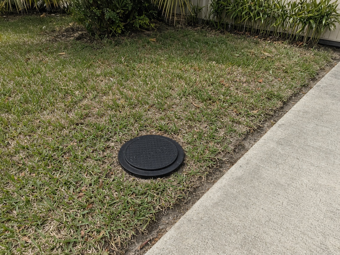 A sewer cleanout cap in a Florida side yard